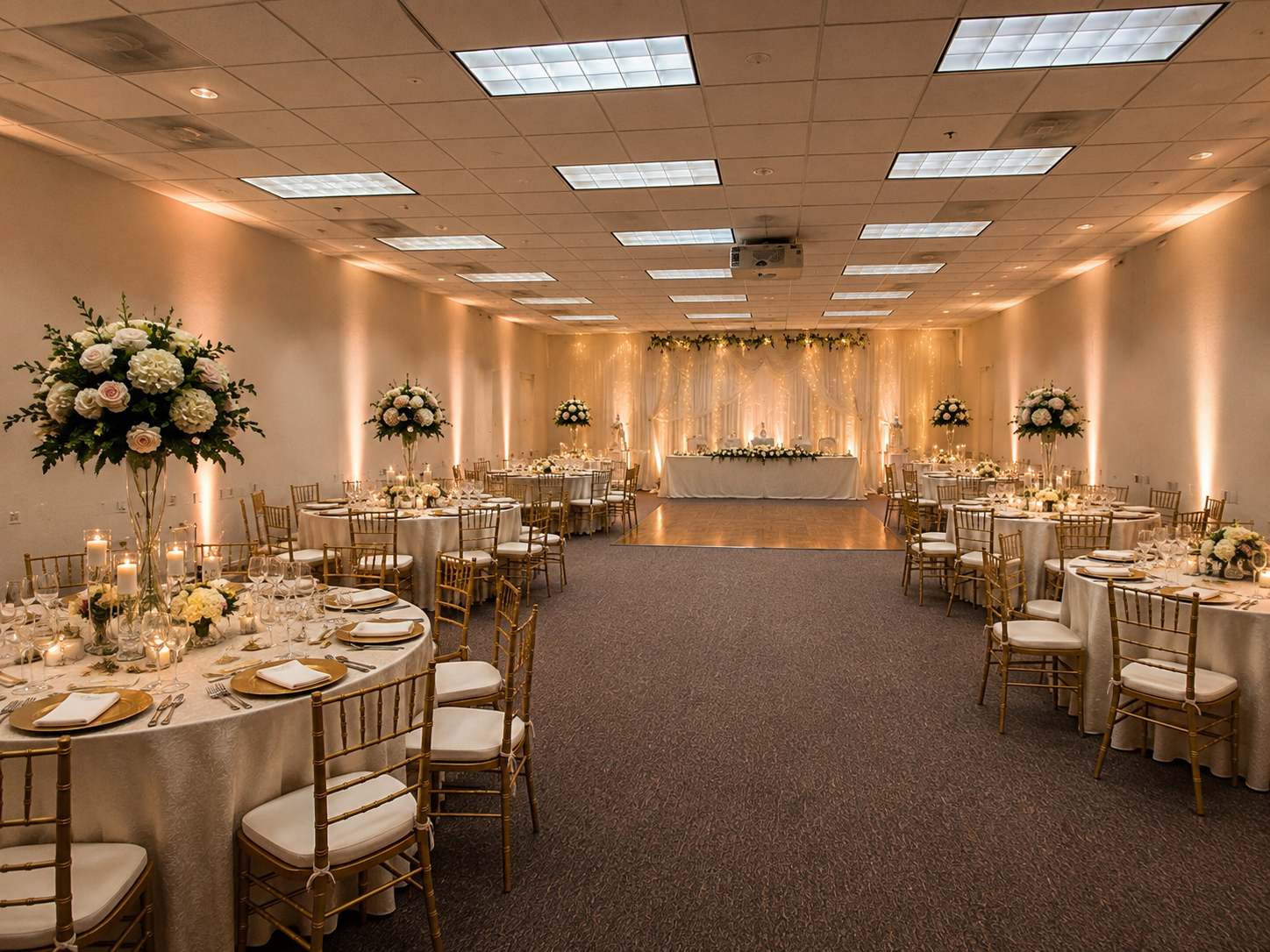 Elegantly decorated venue hall for corporate and private events