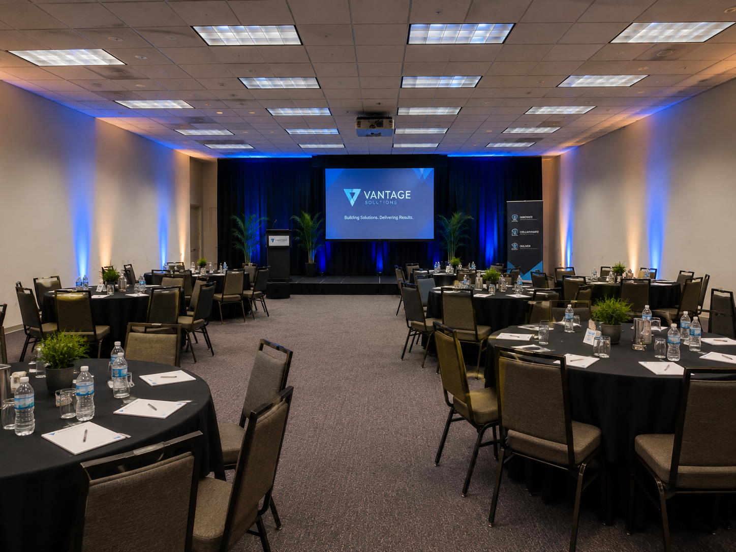 Elegantly styled banquet event hall set up for weddings and seminars