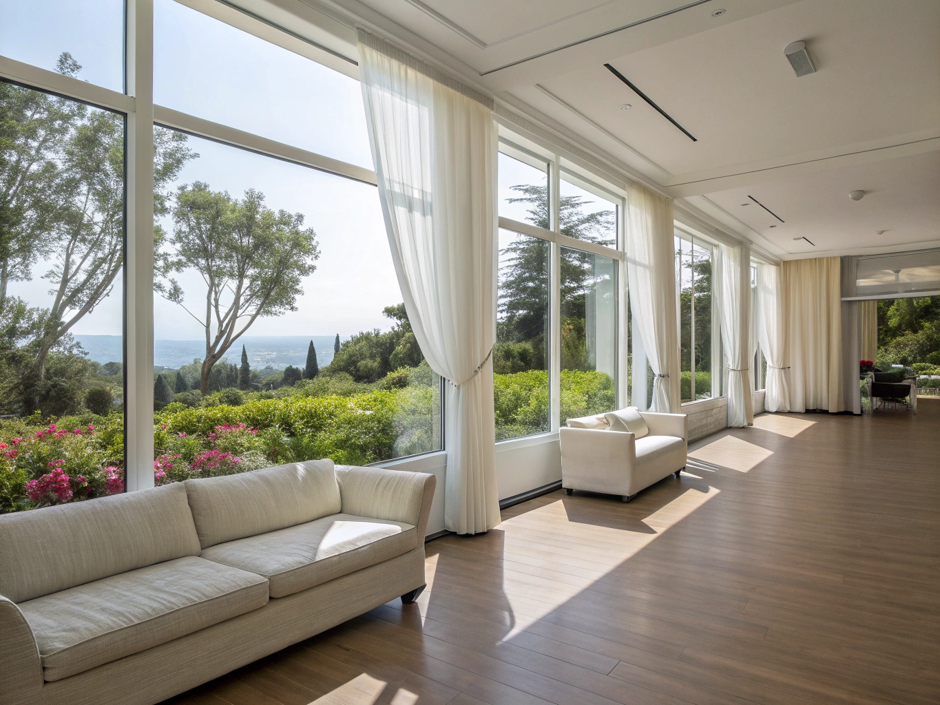 Sunlit lobby atrium with comfortable executive seating