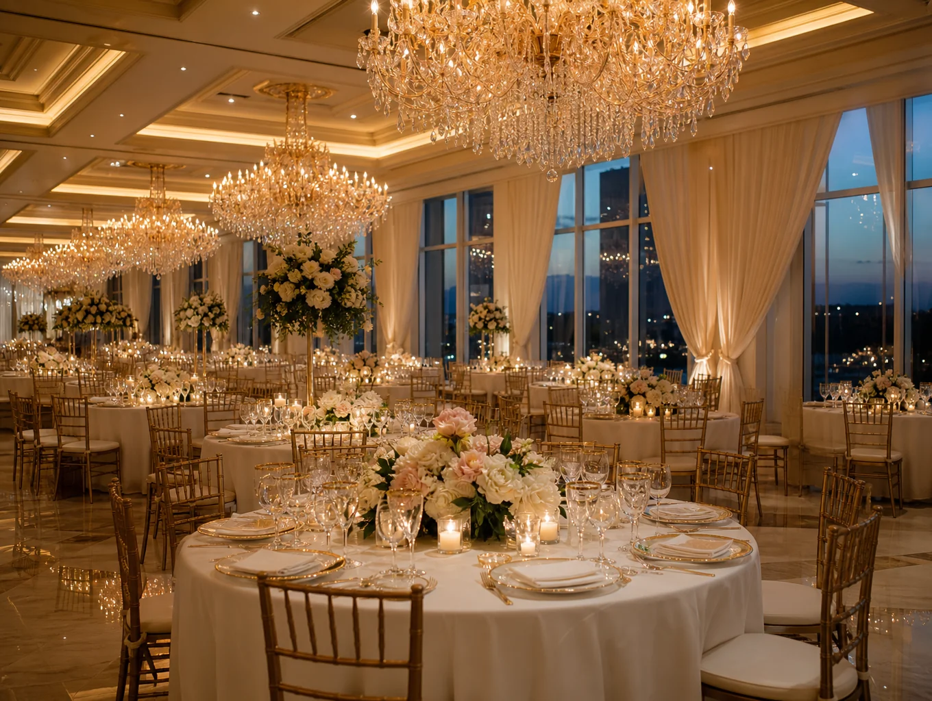 Luxury wedding reception banquet setup in grand atrium