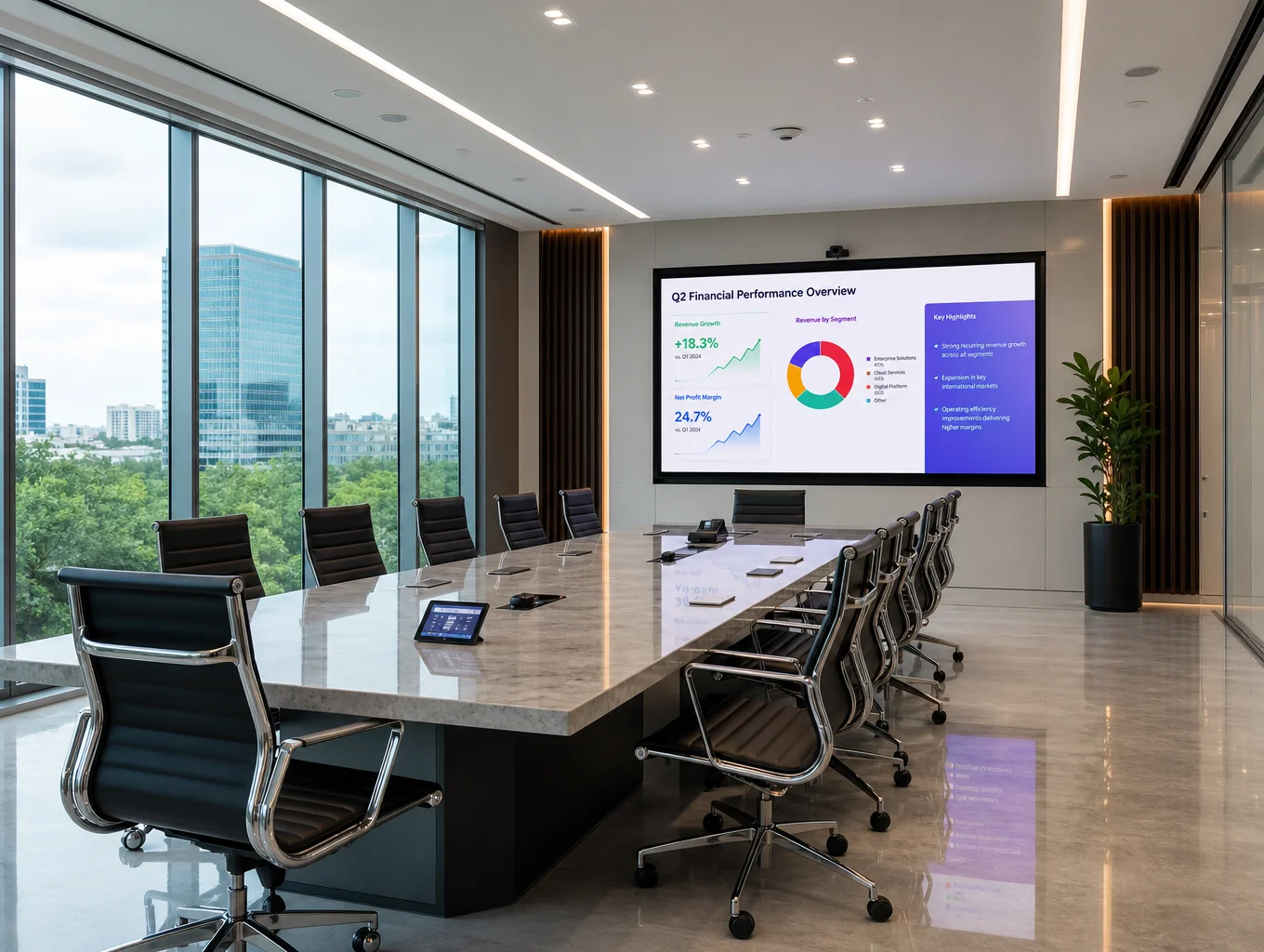 Spacious conference table surrounded by executive chairs