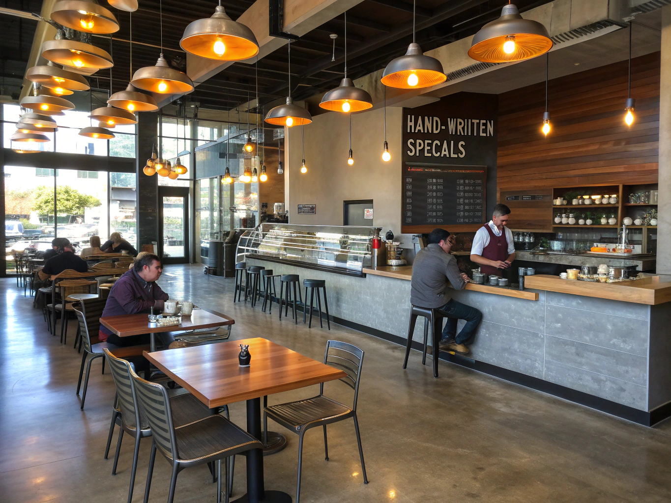 Sunlit specialty coffee shop retail space with atrium seating area